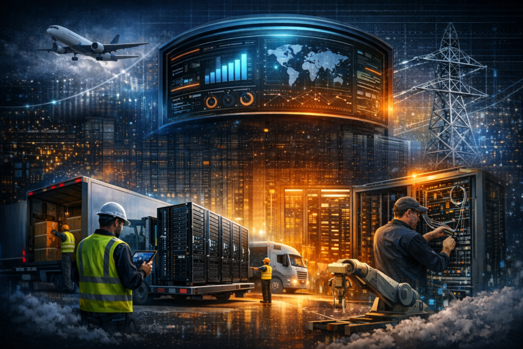 Secure data center logistics and warehousing operations with control tower visibility, server deployment, and lifecycle infrastructure support